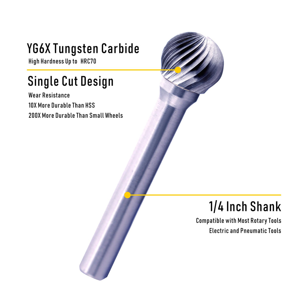 Anyinn Tungsten Carbide Burr Bit 1/4" Shank Ball Sharp End Single Flute Carbide Rotary File Bits for Metal Working, Deburring, Grinding, Polishing, Carving and Engraving