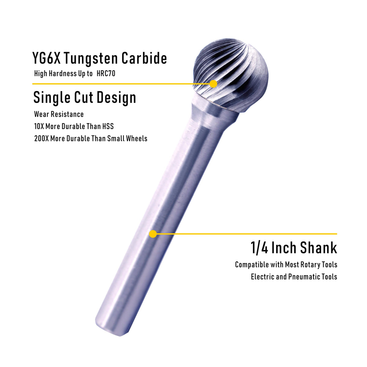 Anyinn Tungsten Carbide Burr Bit 1/4" Shank Ball Sharp End Single Flute Carbide Rotary File Bits for Metal Working, Deburring, Grinding, Polishing, Carving and Engraving