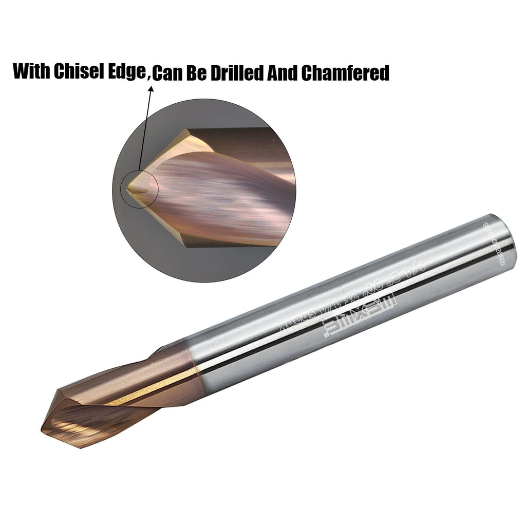 WEXWE Tools Chamfer End Mill,Drill Tip with Cutting Edge for Carving, Drilling and Chamfering Suit for Alloy Steel, Hardened Steel, 90 Degree 2 Flute(1/4-2"-2CPS)