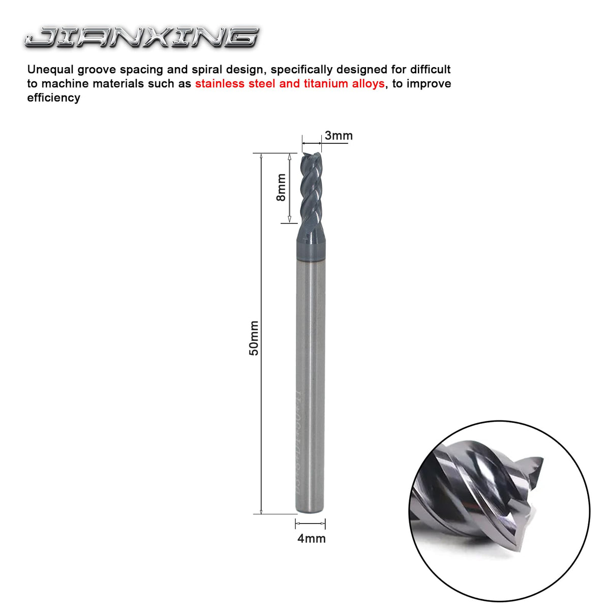 JIANXING 3mm 4-Flute Carbide Square End Mill, 50mm OAL, 3 Pcs