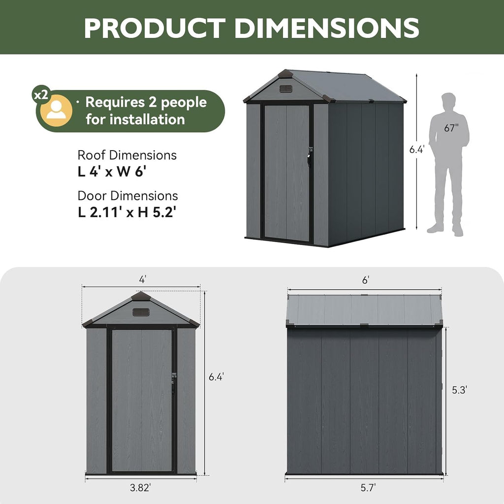 4×6 FT Resin Shed with Reinforced Floor, Outdoor Storage Shed, All-Weather Plastic Tool Storage with Lockable Door