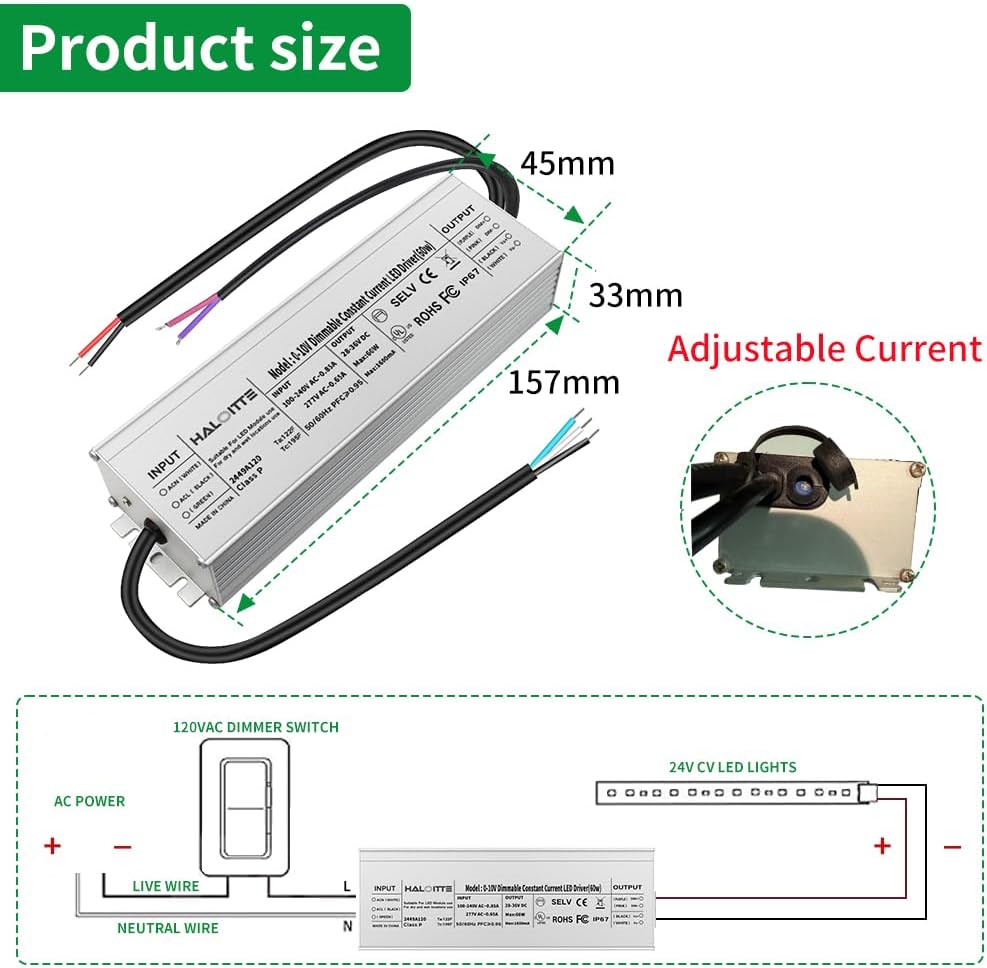 UL Listed 60W Constant Current LED Driver Adjustable, 1PK