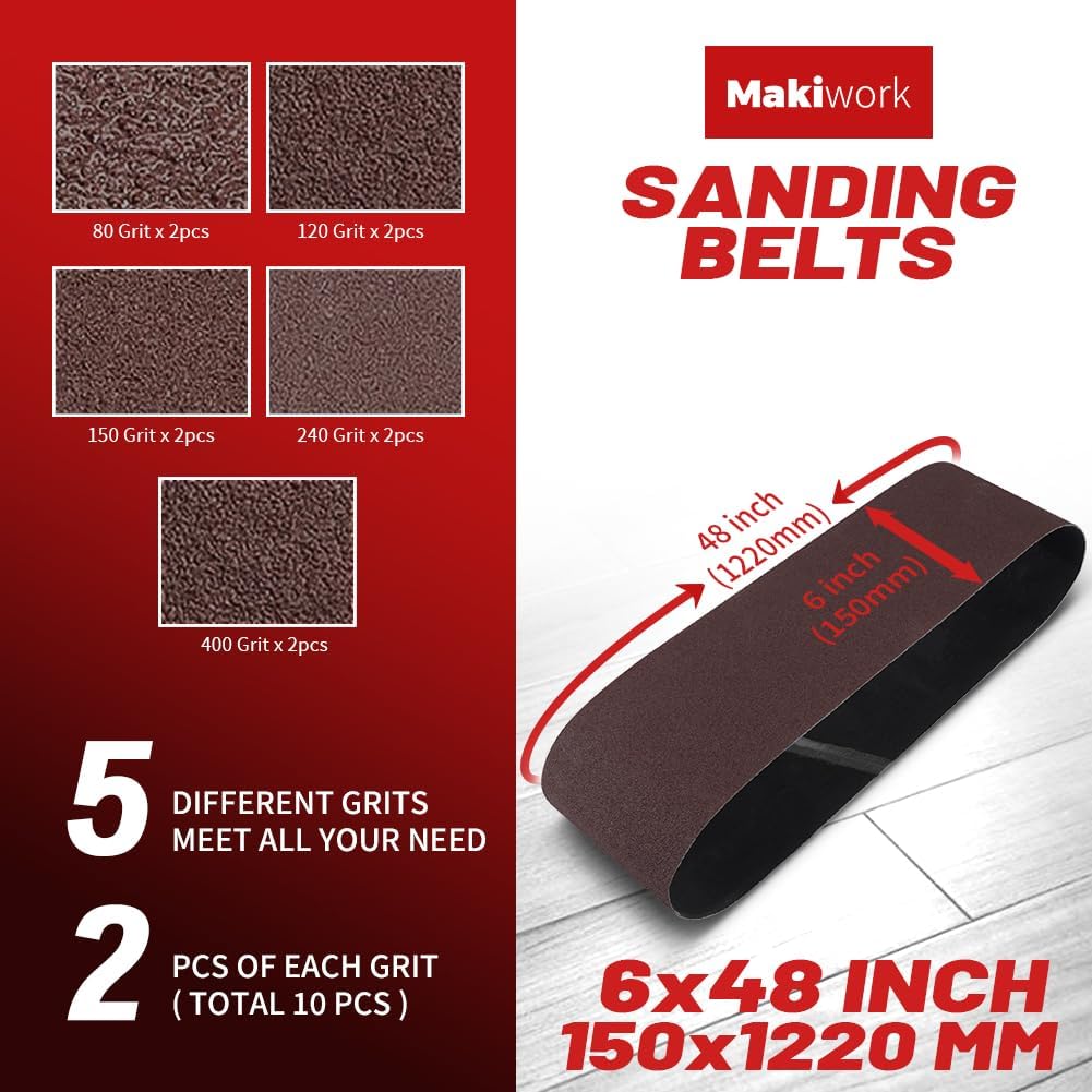 6 x 48 Inch 150 x 1220 mm Sanding Belts Set - 10-Pack with 80/120/150/240/400 Grits, Aluminum Oxide Abrasive Belts for Woodworking