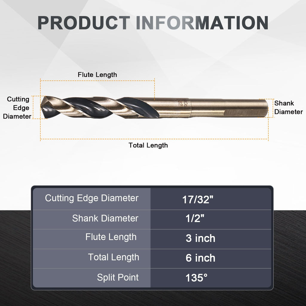 uxcell 17/32" Drill Bit 1/2" Reduced Shank 3-Flat M35 5% Cobalt HSS