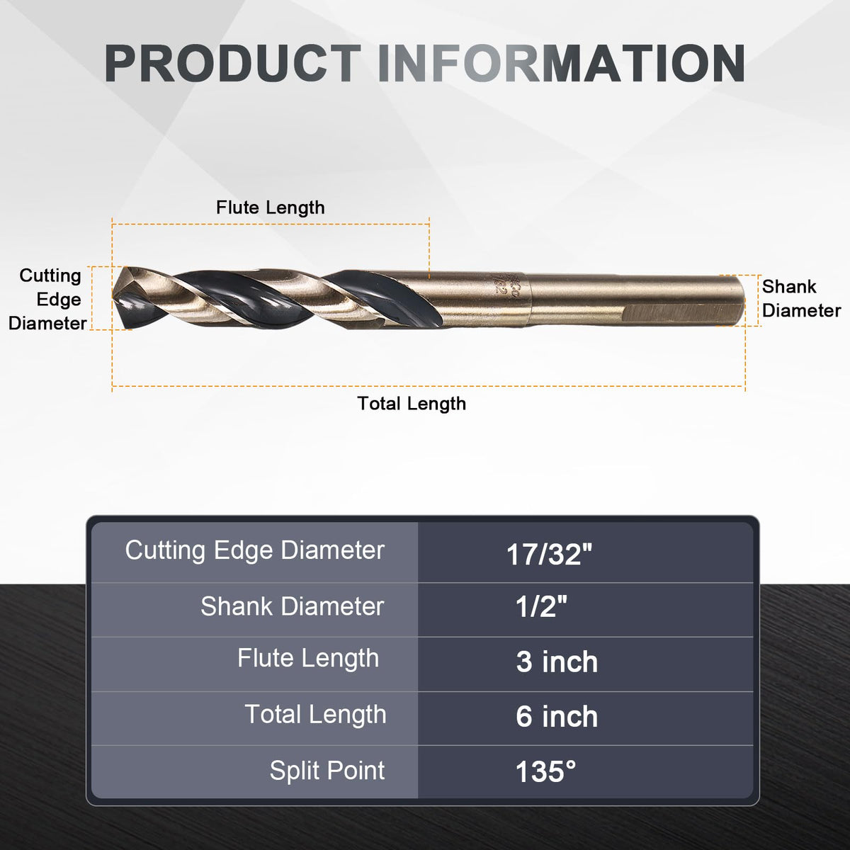 uxcell 17/32" Drill Bit 1/2" Reduced Shank 3-Flat M35 5% Cobalt HSS