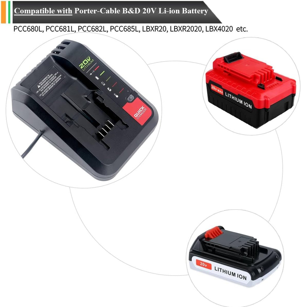 Lasica 20V Max Charger Compatible with Black & Decker 20v Battery and Compatible with Porter-Cable 20v Battery LBXR20 LBXR2020 PCC681L PCC685L PCC692L BDCAC202B 20-Volt Power Tool Charger