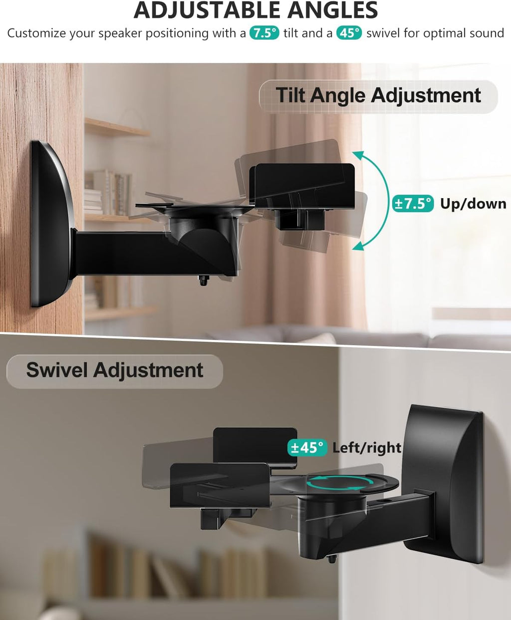 Speaker Wall Mount, Surround Sound Speaker Stand with Adjustable Swivel Tilt Angle, Standard Bookshelf Speaker Mount