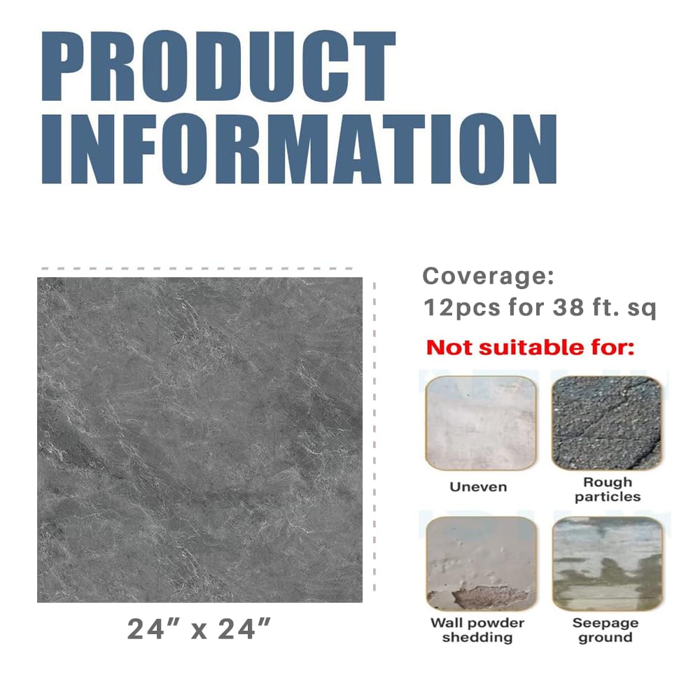 Marble Pattern 24"x 24" Peel and Stick Floor Tiles (Large Format), Grey 12 Tiles/Pack - Covers 48 Sq Ft