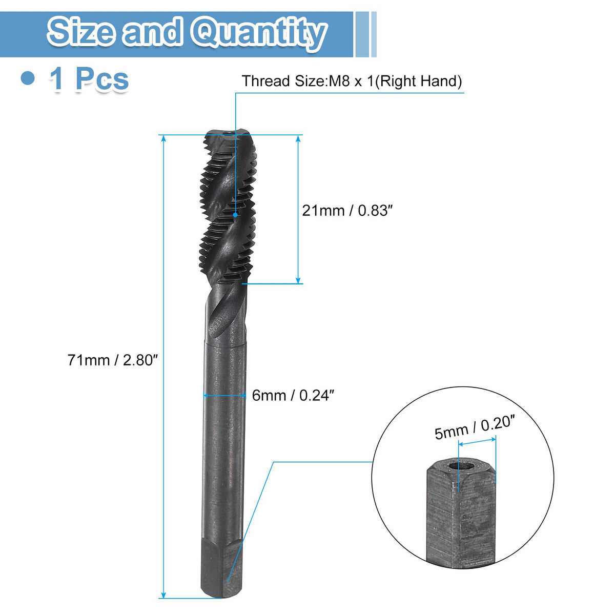 uxcell Spiral Flute Thread Taps M8 x 1 H2 Metric Machine Threading Tap Bit, Nitrided Coated Screw Tapping Repair Tool, M2 High-Speed Steel (HSS)