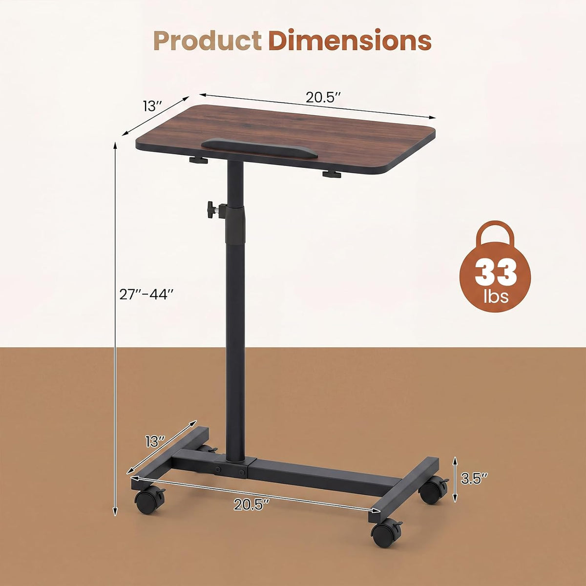 Overbed Table with Wheels, Medical Adjustable Bedside Table, Walnut