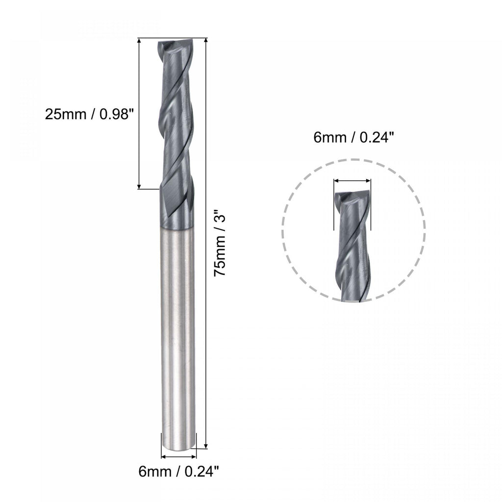 uxcell Square Nose End Mill, 6mm Tip Dia Solid Carbide AlTiN Coated CNC Router Bits 2 Flute Spiral Milling Cutter HRC45 with 6mm Shank 75mm (3-inch) Length