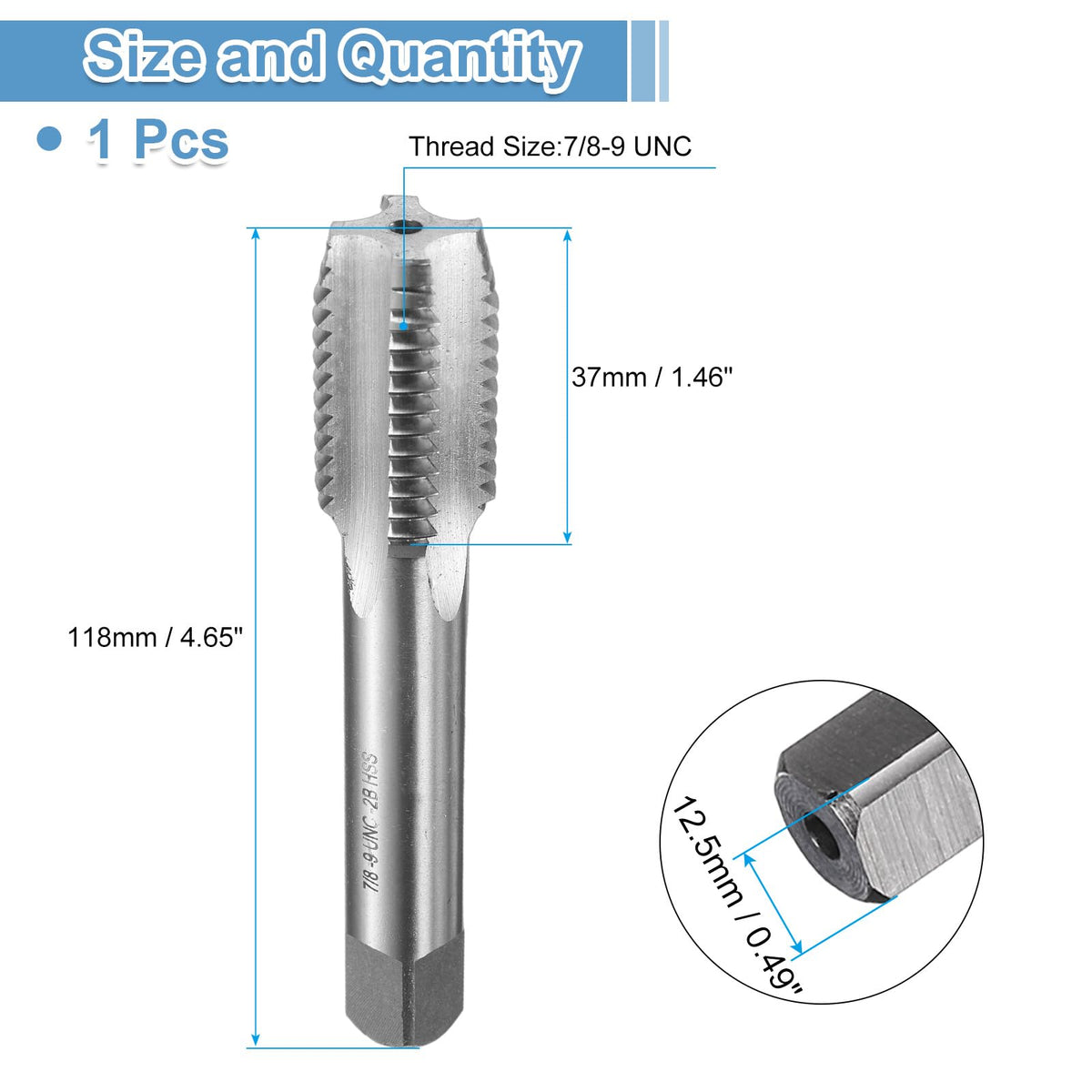 uxcell Hand Bottom Tap 7/8-9 UNC 2B Thread Bottoming Style Threading Tap
