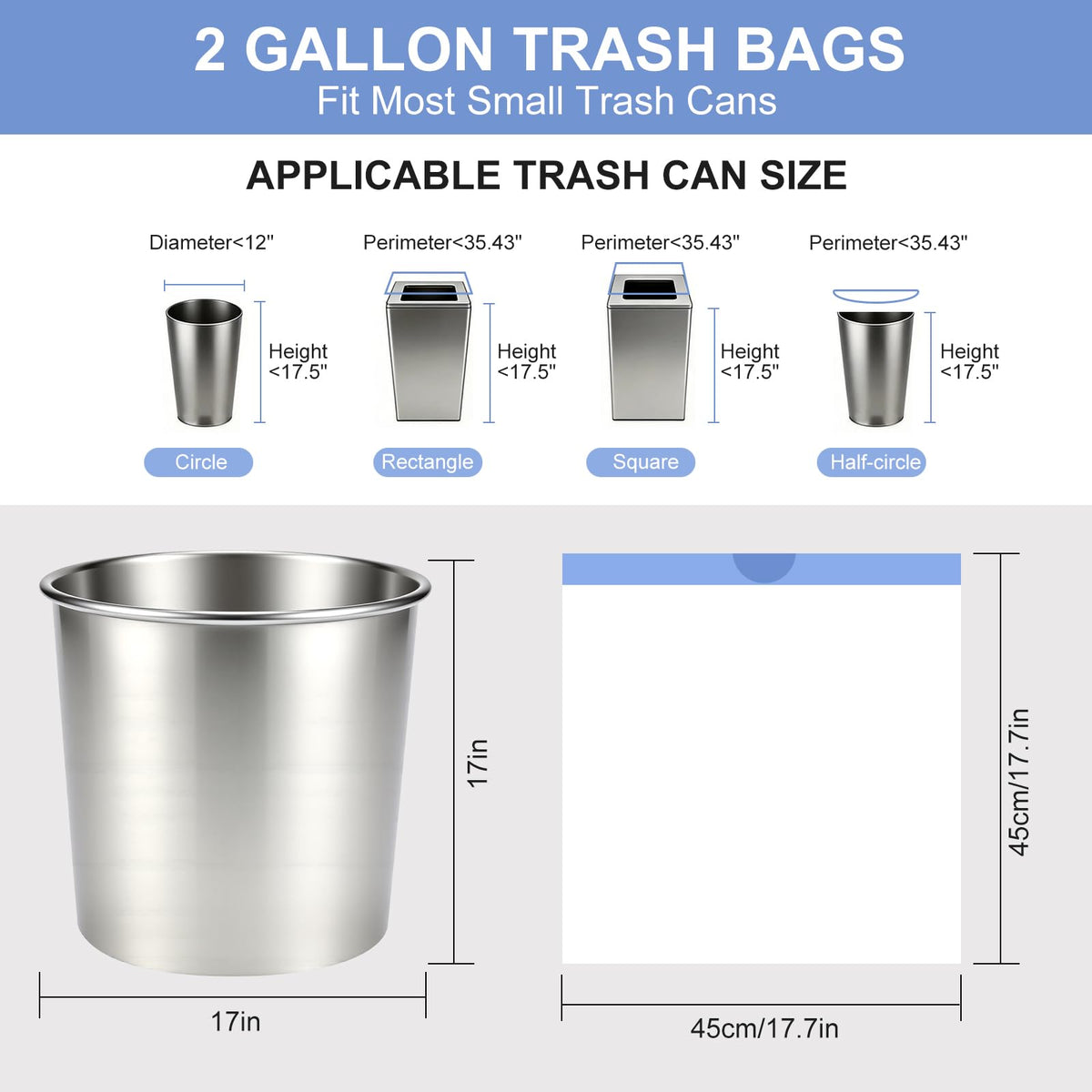 2 Gal Small Trash Bags, Unscented Drawstring, 200 Ct for Bathroom