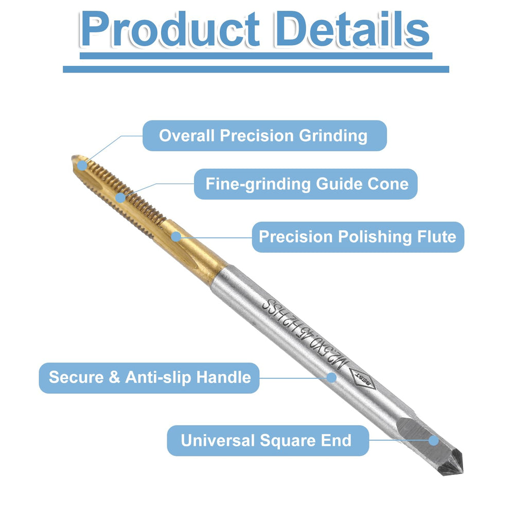 uxcell 4pcs Spiral Point Plug Taps, M2.5 x 0.45 Metric Thread Screw Tap, Titanium Coated High Speed Steel 6542, Machine Tapping Threading Repair Tool