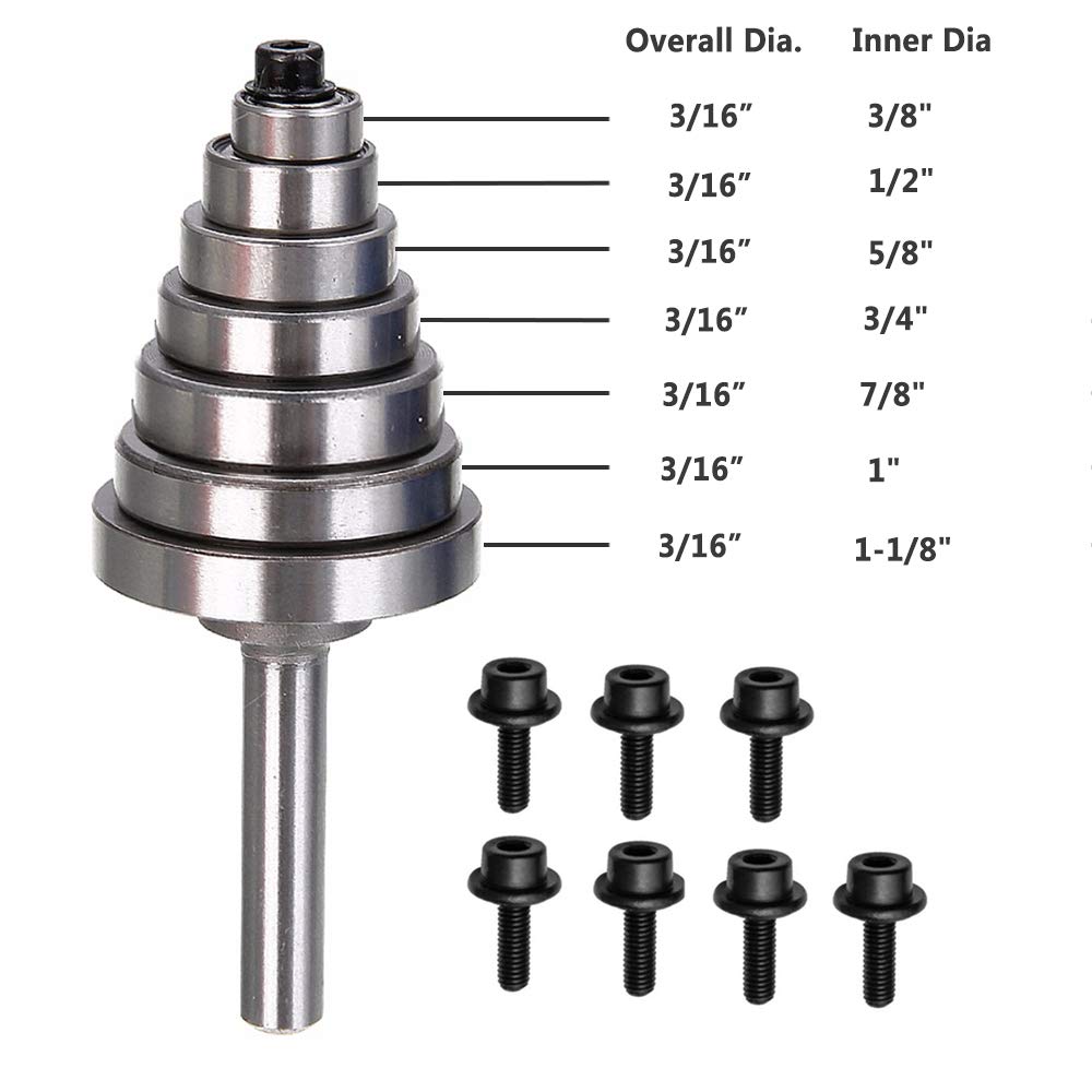 Yakamoz 7PCS Multi-Rabbet Top Mounted Bearings Replacement Kit Rabbeting Router Bit Ball Bearing Guide Set | Inner Dia. 3/16” & Overall Dia. 3/8", 1/2", 5/8", 3/4", 7/8", 1", 1-1/8"