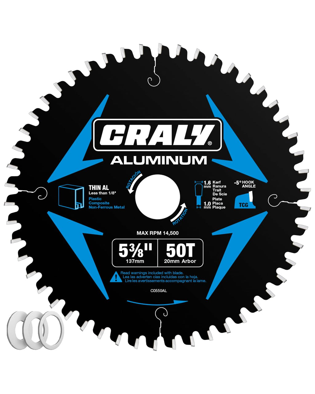 CRALY 5-3/8 Inch 50 Teeth Aluminum and Non-Ferrous Metal Cutting Circular Saw Blade, 20 mm Arbor, Carbide Tipped, Thin Kerf, Black Ice, for Thin Aluminum, Plastic, Composite(C0550AL)
