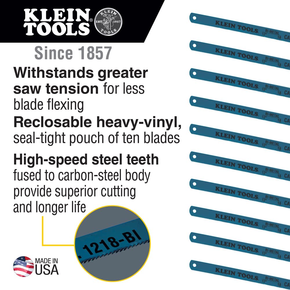 Klein Tools 1218BI-P 12-Inch Hacksaw Blades, 18 TPI, 10-Pack