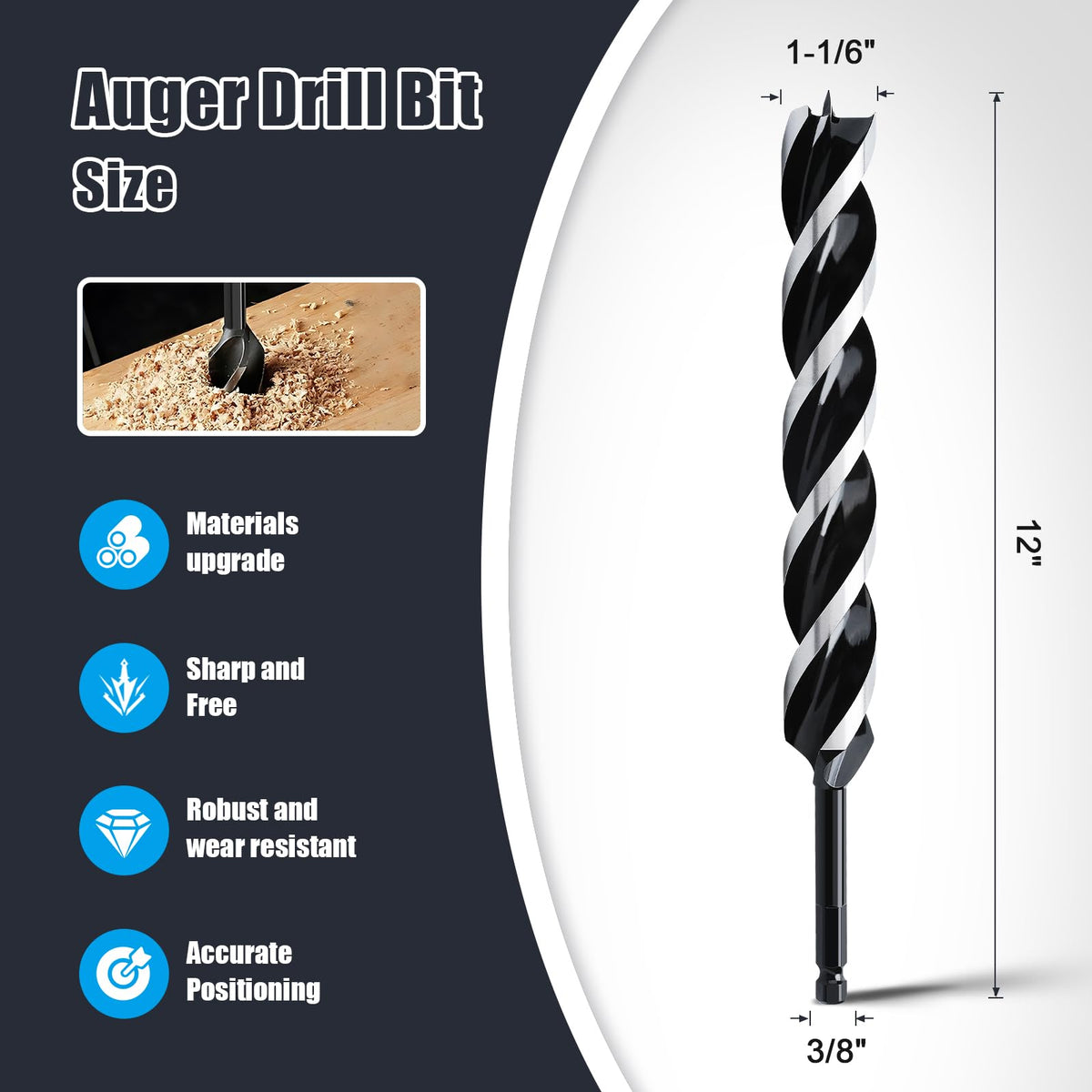 WOBLLMX 1-1/6" x 12" Auger Drill Bit for Wood,Hex Shank Tri Flute Drill Bit