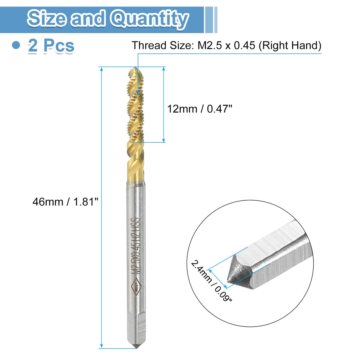 uxcell 2pcs Spiral Flute Thread Taps, M2.5 x 0.45 H2 Screw Threading Tap