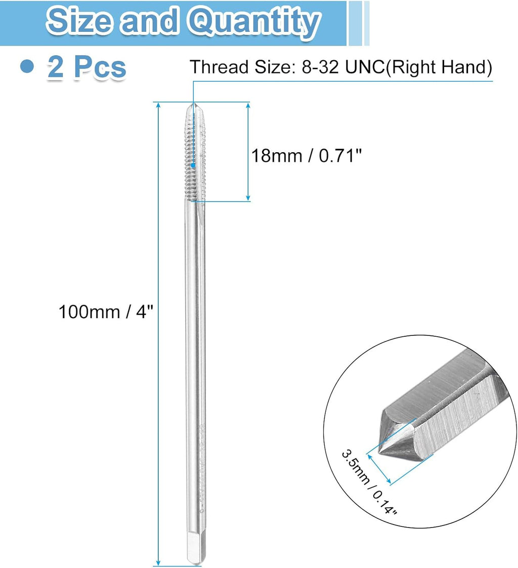 uxcell 2pcs Straight Flute Screw Taps 8-32 UNC 2B Thread 4" Extra Long HSS6542 Machine Threading Milling Tap Tapping Tools