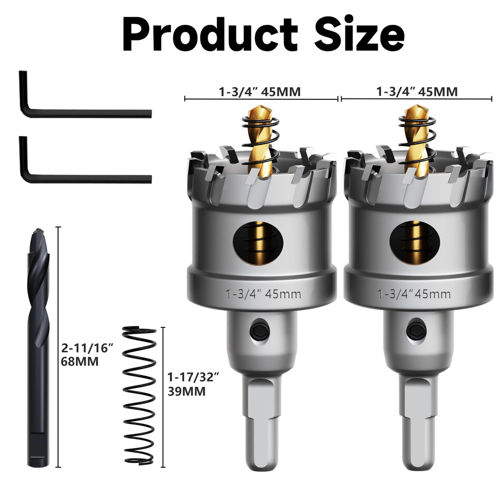 METOTY Metal Hole Saw 1-3/4''(45mm) 2Pcs Set Heavy Duty Tungsten Carbide Tipped Hole Cutters Set with a nitrided Step Drill and L-flench, for Steel Iron,Aluminum,Stainless stell,Plastic