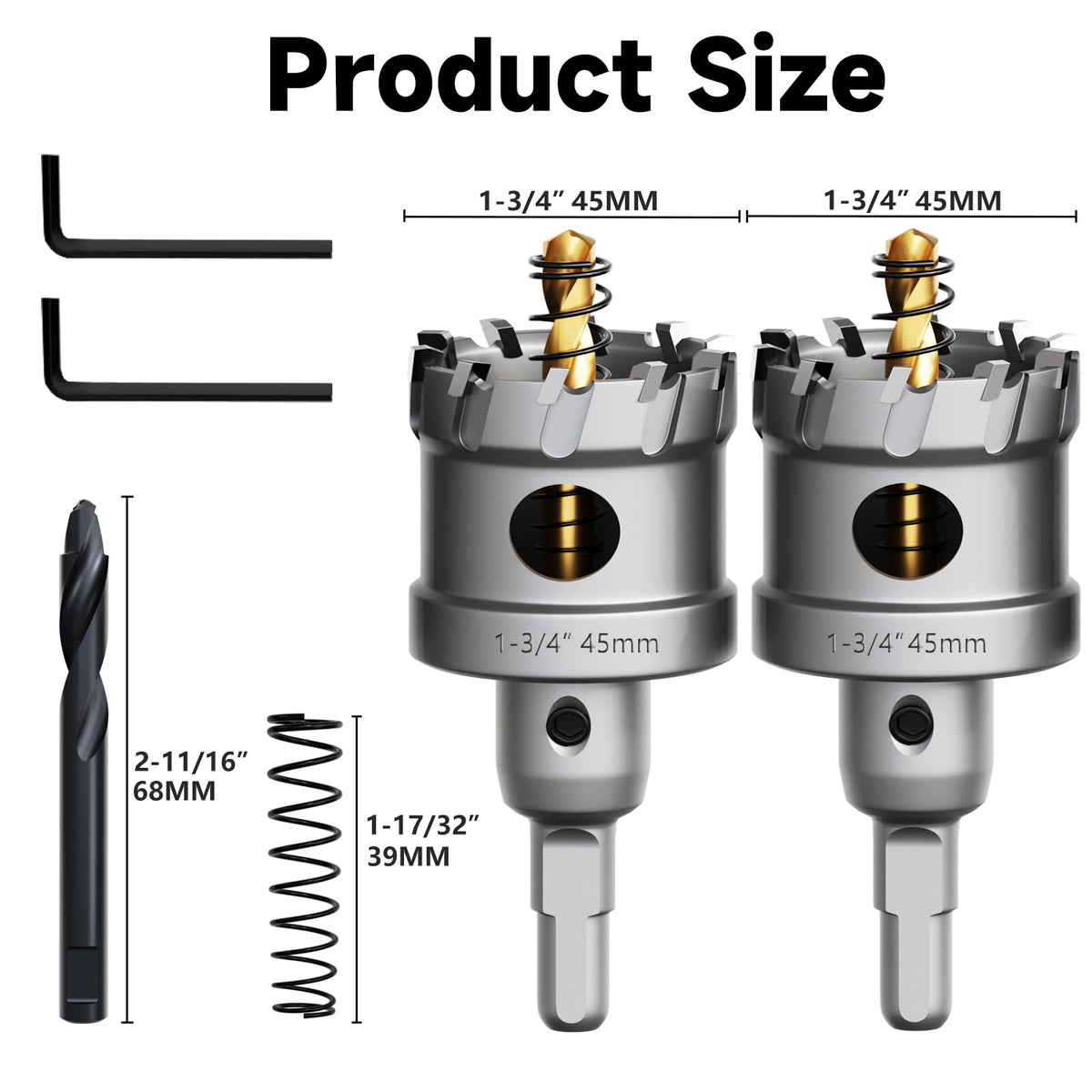 METOTY Metal Hole Saw 1-3/4''(45mm) 2Pcs Set Heavy Duty Tungsten Carbide Tipped Hole Cutters Set with a nitrided Step Drill and L-flench, for Steel Iron,Aluminum,Stainless stell,Plastic