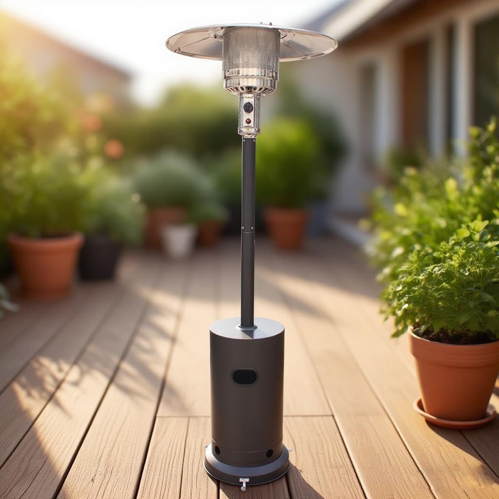 50000 BTU Bronze Propane Patio Heater with Wheels and Round Tabletop Design