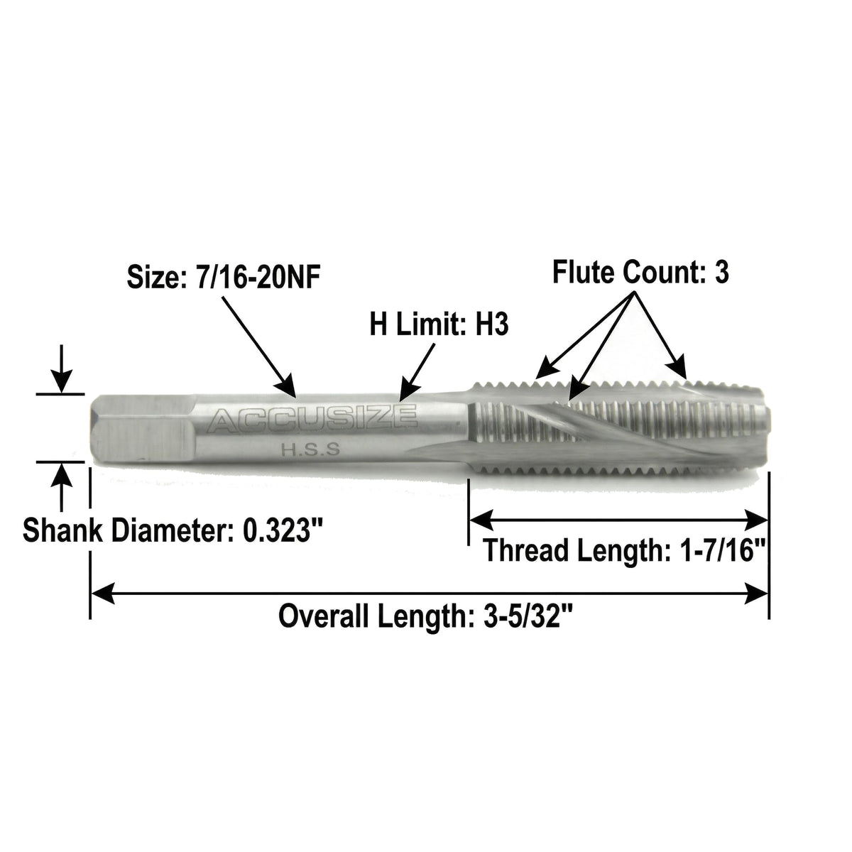 Accusize Industrial Tools Spiral Point Tap, 7/16-20NF, SPT-7/16-20x5