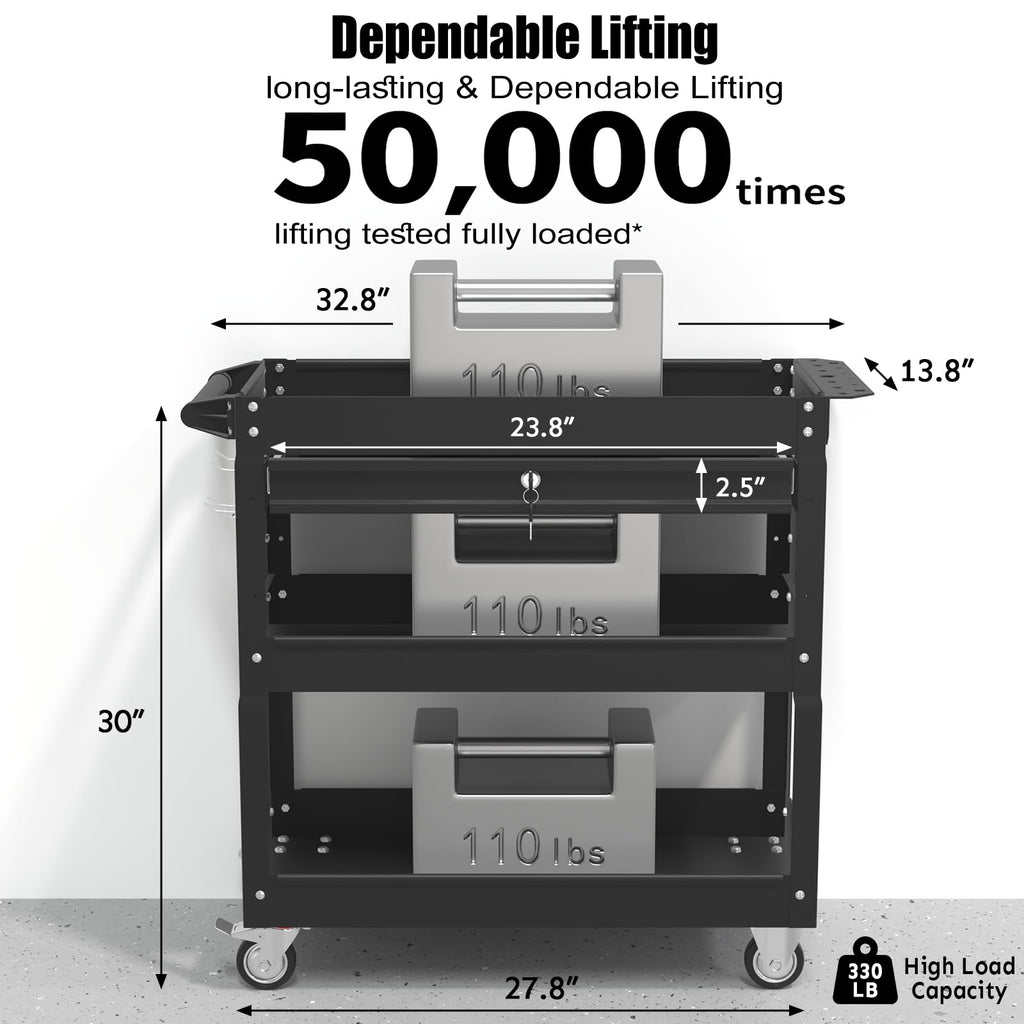 3-Tier Rolling Utility Cart, Metal Tool Cart on Wheels with Lockable-Black