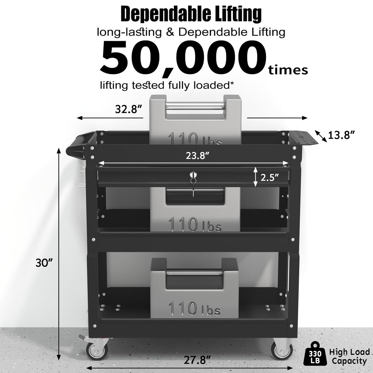 3-Tier Rolling Utility Cart, Metal Tool Cart on Wheels with Lockable-Black