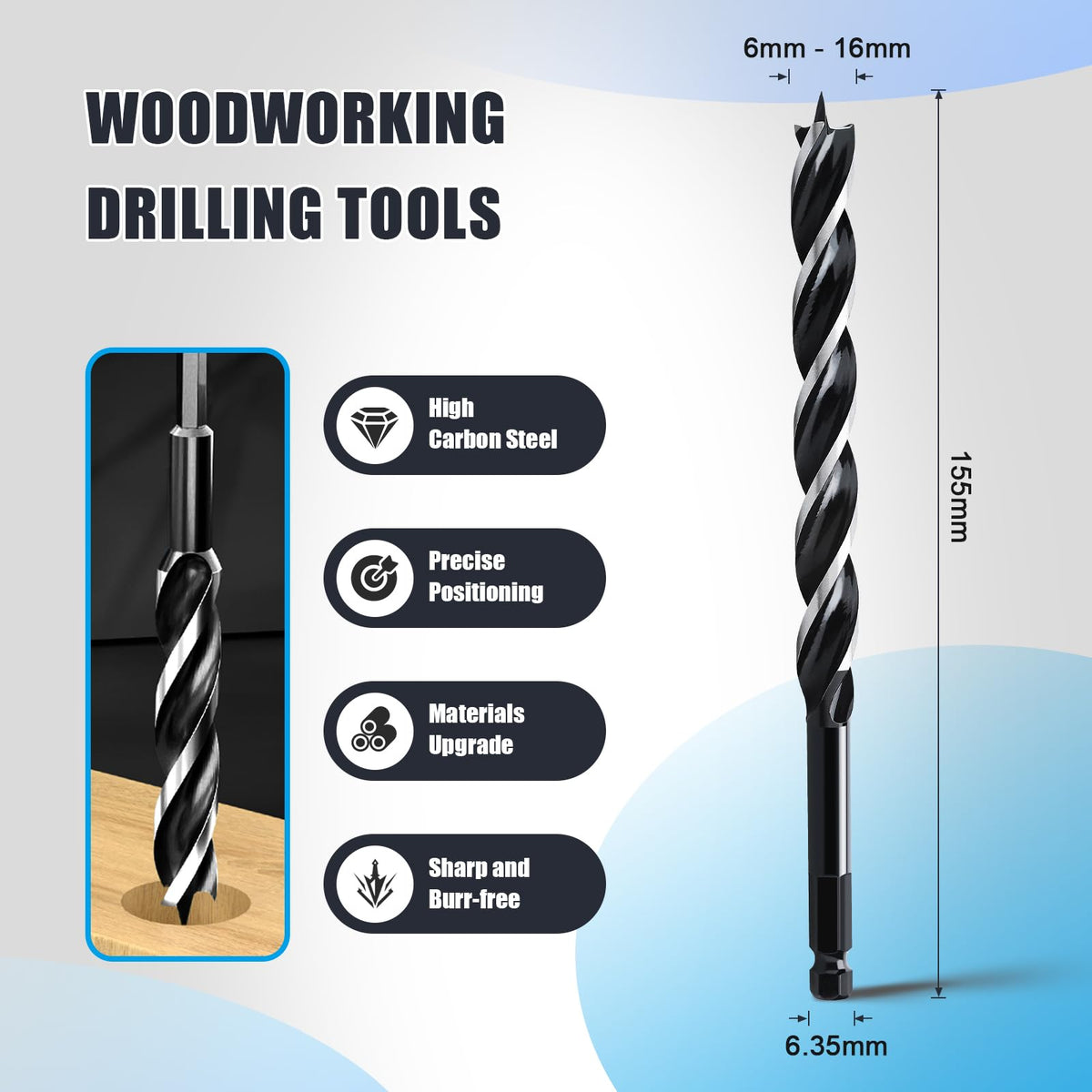 WOBLLMX 1/2" x 6" Auger Drill Bit for Soft and Hard Wood,1/4" Hex Shank