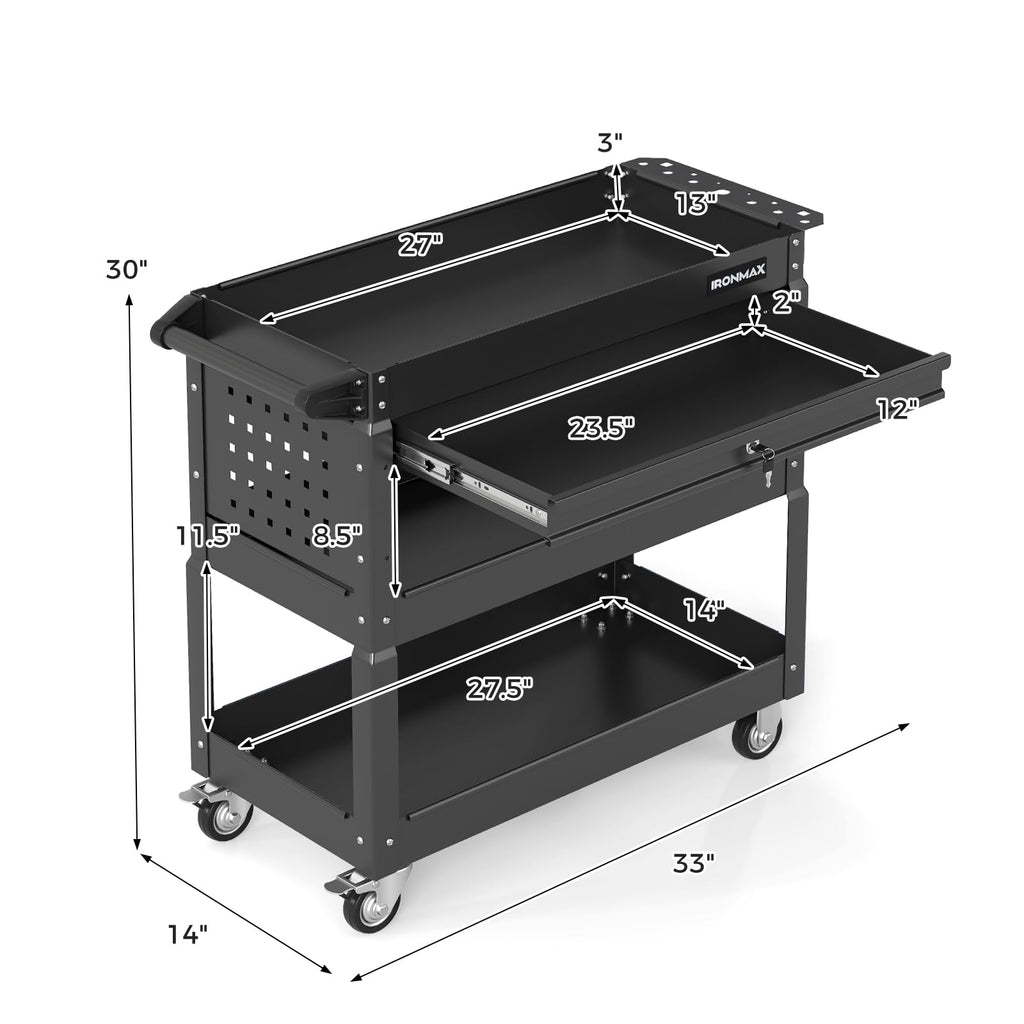 3 Tier Tool Cart on Wheels with Lockable Drawer, 350 LBS Load