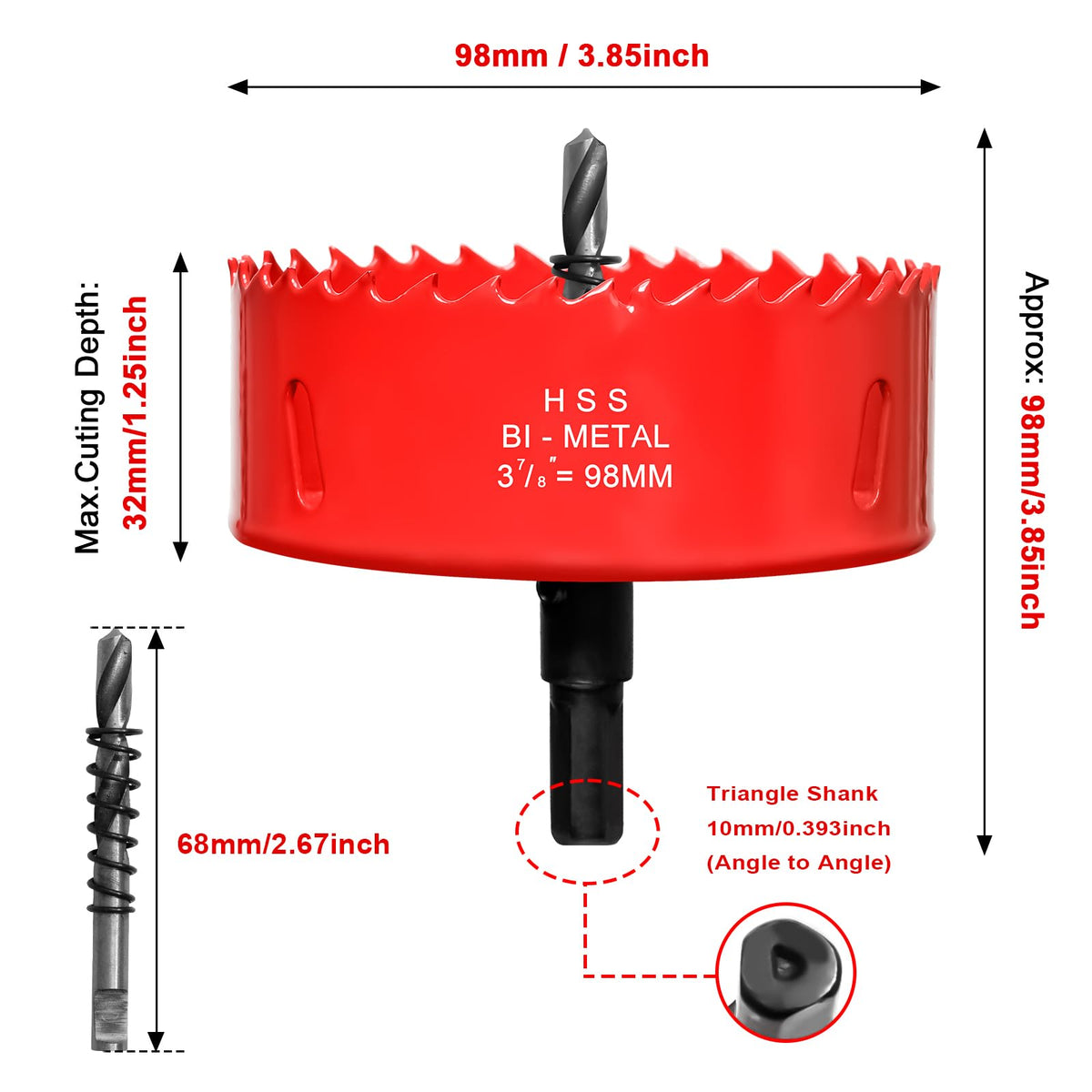 Hole Saw 3 7/8” (98mm) for Wood and Plastic, HSS Bi-Metal Hole Cutter Core Drill Bit for Drywall, PVC Boards, Fiberglass and Vent Pipes