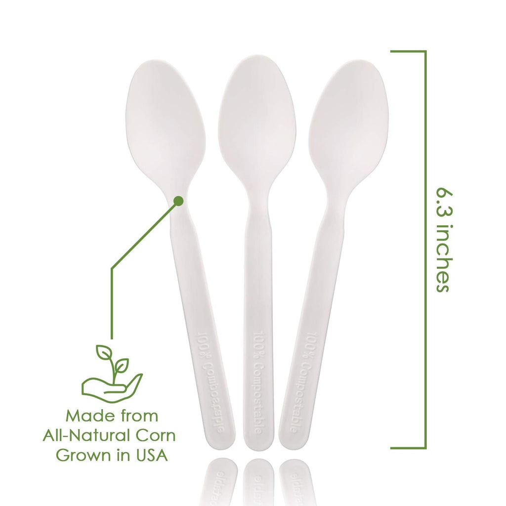 100% Compostable Spoons - 500 Large Disposable Utensils (6.5 in.) Bulk Size Eco Friendly Durable and Heat Resistant