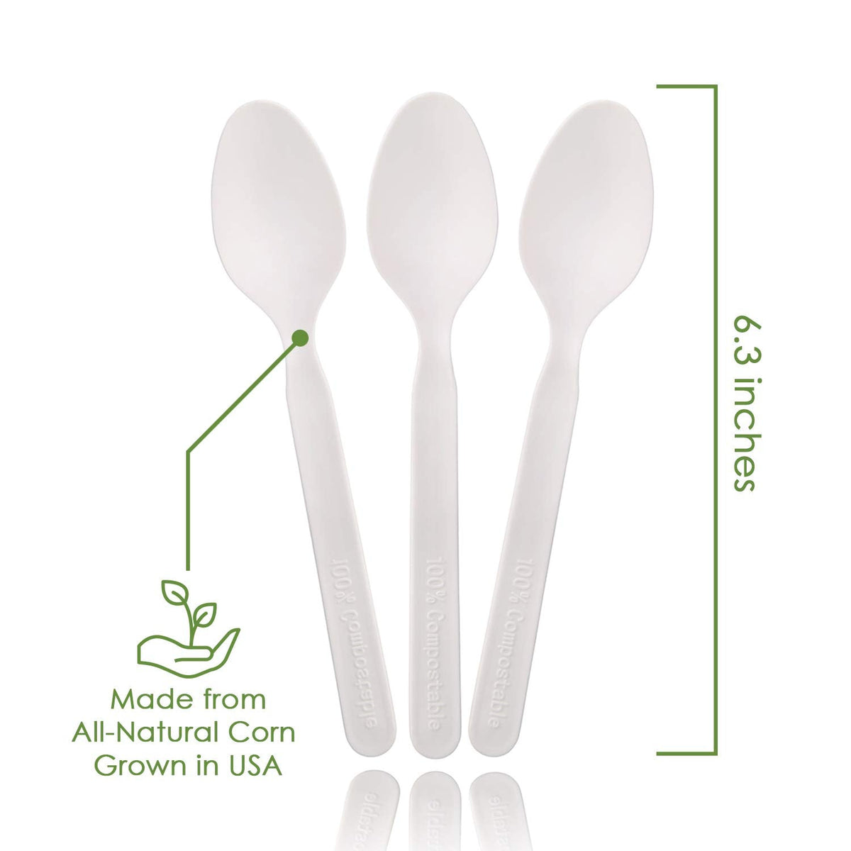 100% Compostable Spoons - 500 Large Disposable Utensils (6.5 in.) Bulk Size Eco Friendly Durable and Heat Resistant