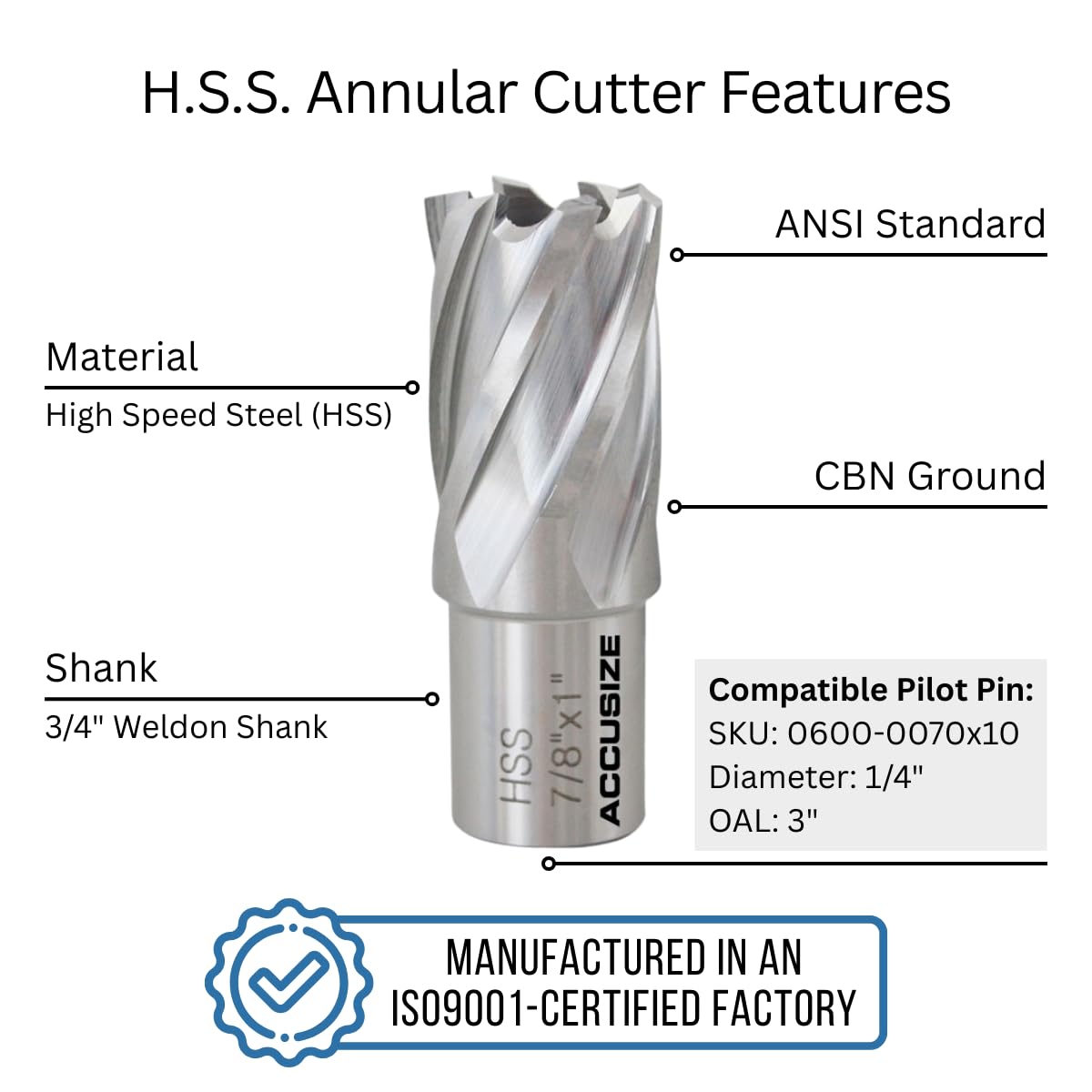 Accusize HSS Annular Cutter 7/8 x 1 in Cutting Depth, 3/4" Weldon Shank