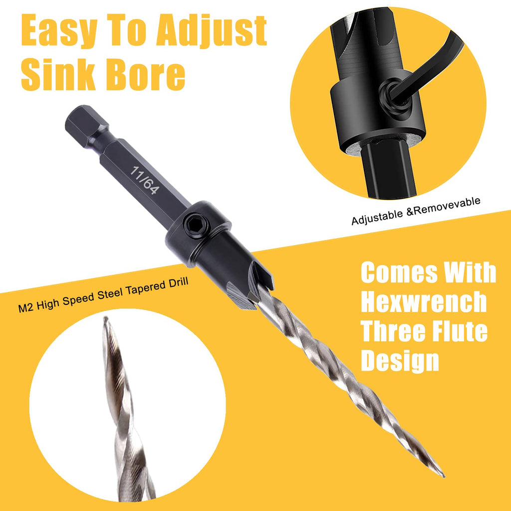 Newdeli 9pcs Wood Countersink Drill Bit Set 1/4" Quick Change Shank - 5Pc Adjustable Countersink Bit #8(11/64") - 2 Extra 11/64 Tapered Drill Bits - 1 Adjust Collar - 1 Wrench, Pilot Screw Hole Set
