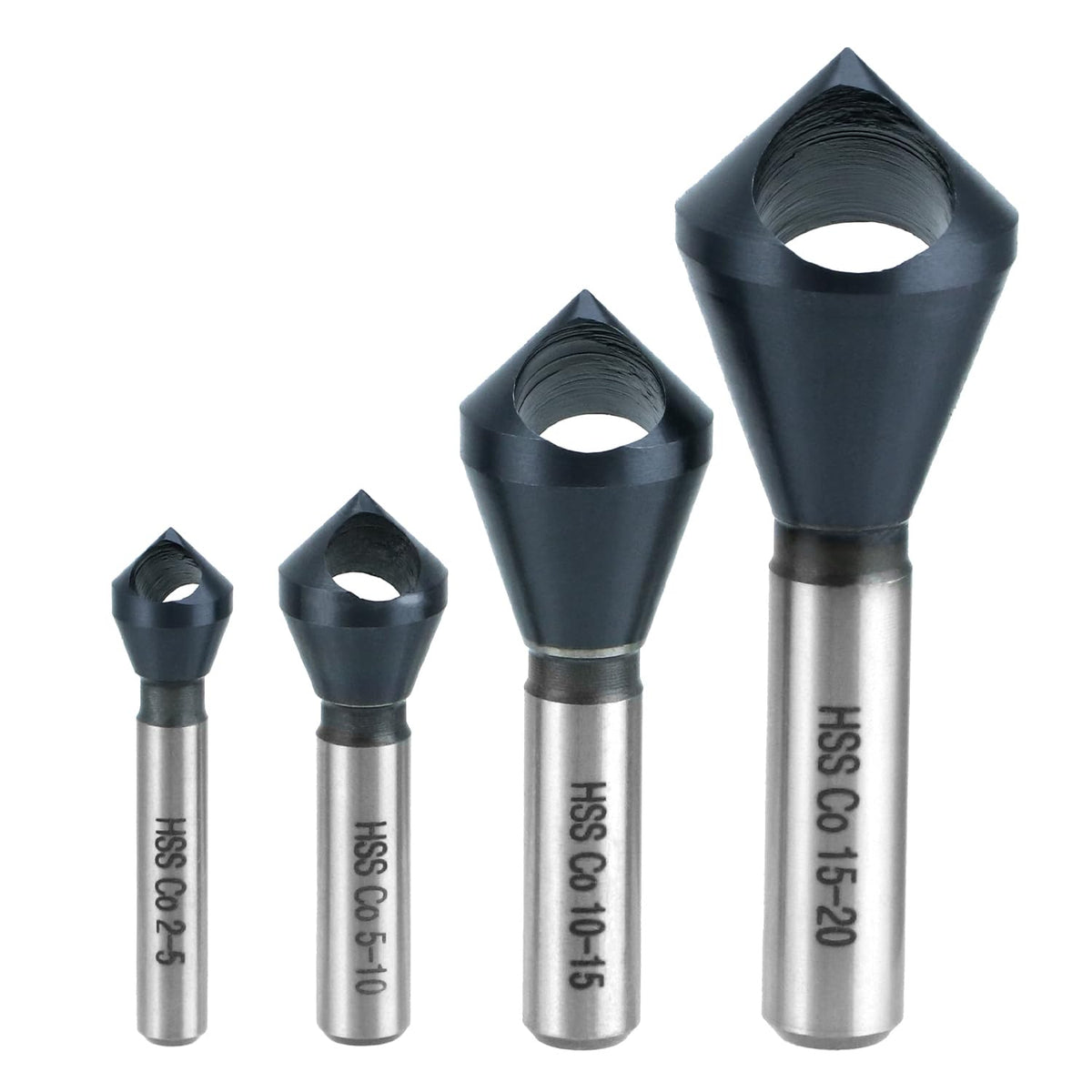 QWORK 4PCS Cobalt Single-End Countersink Chamfer Tool Set, M35 High-Speed Steel, 90° Cutting Angle