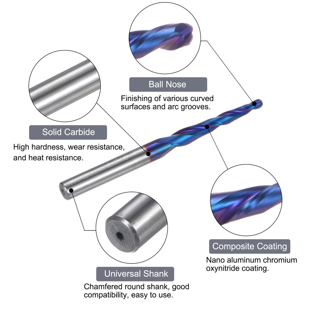 uxcell Tapered Ball Nose End Mill CNC Router Bit, 1/16" Radius 1/4" Shank Solid Carbide Coated Upcut Spiral 2 Flutes Cutter Milling Tool, 1/8" Dia 3" Total Length