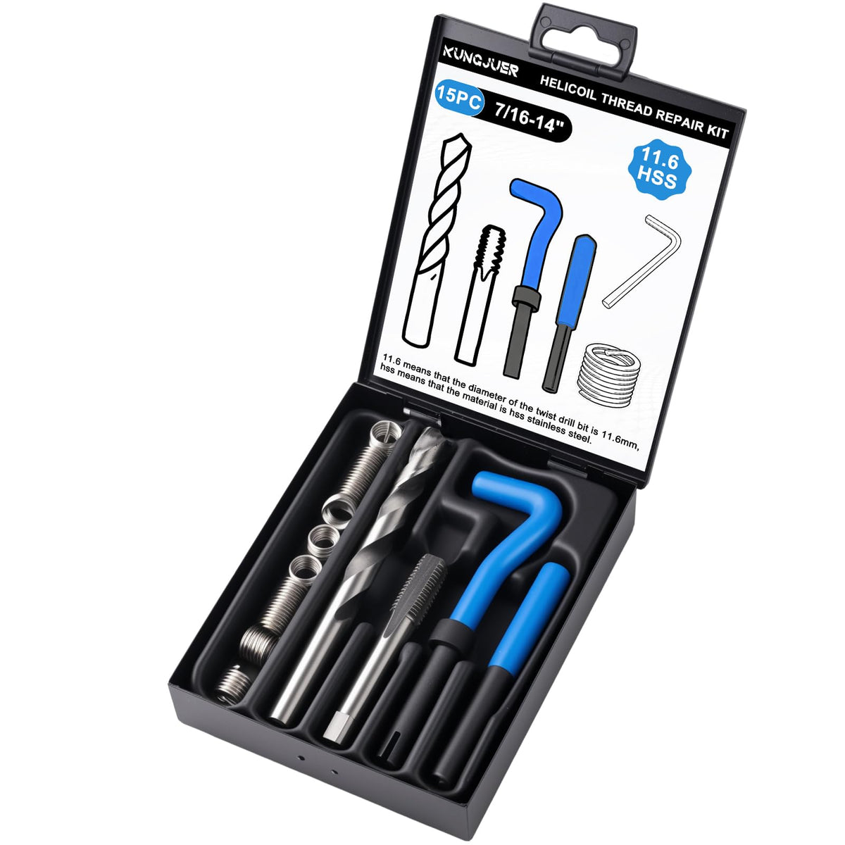KUNGJUER 15PC SAE Helicoil Thread Repair Insert Kit, 7/16-14 inch Rethread