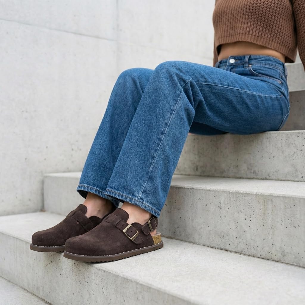 Brooklyn Genuine Suede Slingback Clogs for Women with Buckle,Chocolate 8W