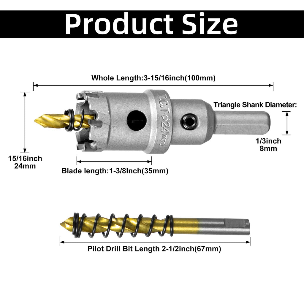 SALI 15/16" (24mm) TCT Hole Saw Kit Tungsten Carbide Tipped Hole Saw Drill Bit with Titanium-Plated Pilot Drill bit for Metal, Stainless Steel, Iron, Wood, Plastic 2pcs