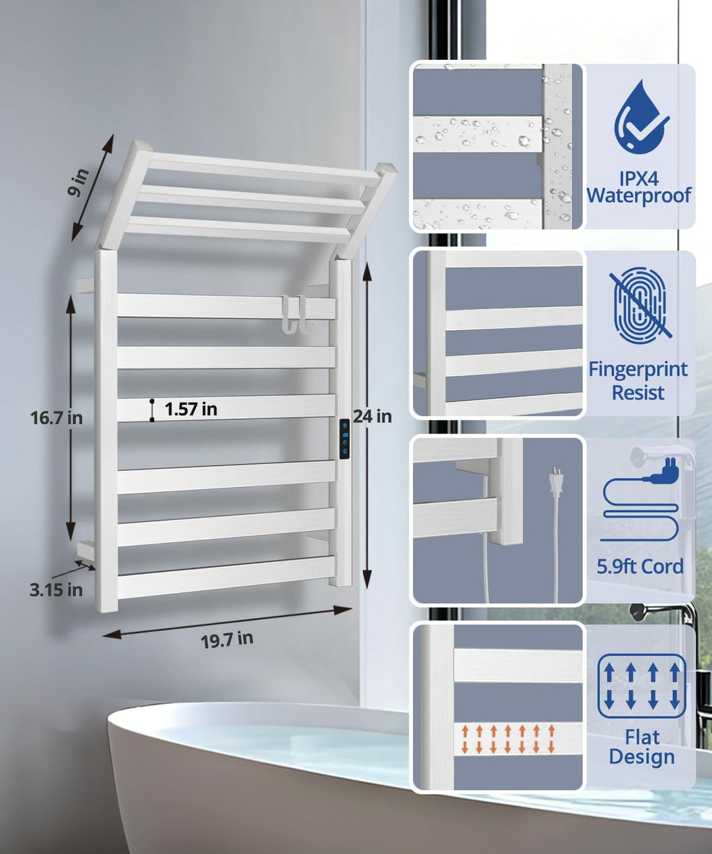 WiFi Heated Towel Rack Wall Mounted, Electric Towel Warmer, Brushed Nickel | WiFi App Remote, Foldable Space-Saving
