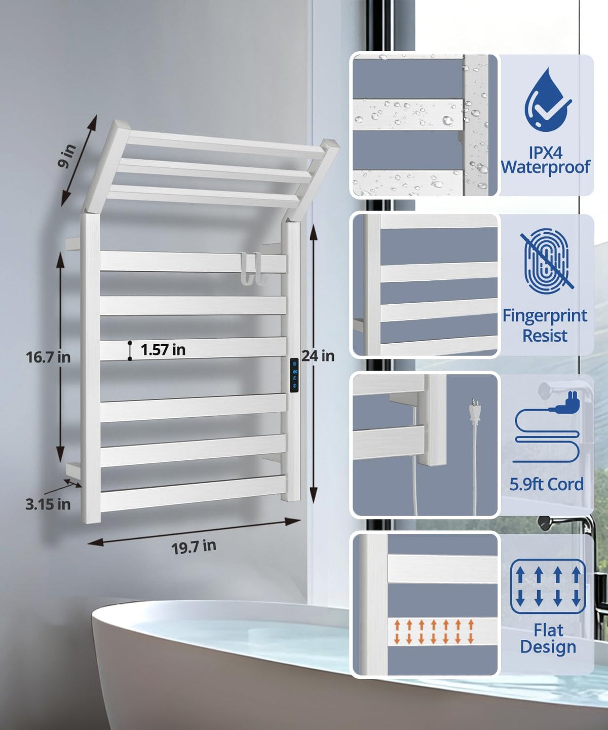 WiFi Heated Towel Rack Wall Mounted, Electric Towel Warmer, Brushed Nickel | WiFi App Remote, Foldable Space-Saving