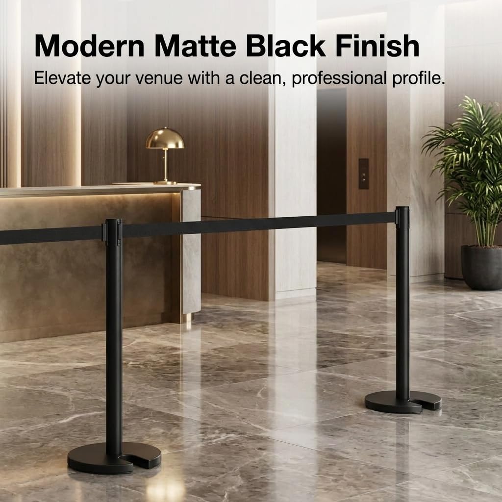 Matte Black Retractable Belt Stanchions, 2 Pack - 6.2ft Belt & Heavy 15lb Steel Base Crowd Control Barriers