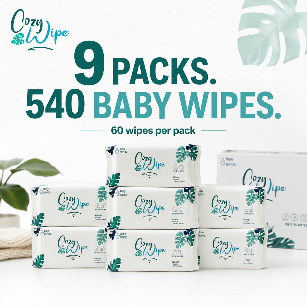 Baby Wipes, 99.9% Water Based Unscented Diaper Wipes for Sensitive Newborn Skin, Plant-Based, Plastic-Free, 9 Packs