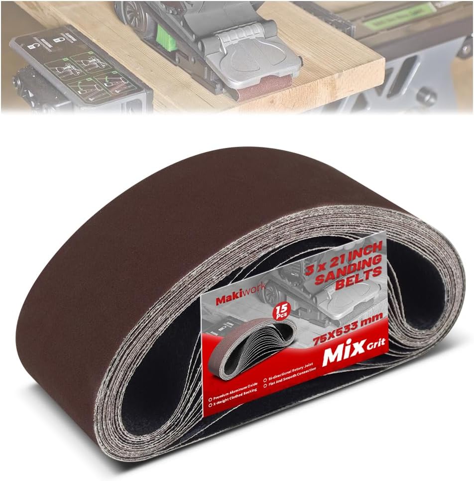 3 x 21 Inch 75 x 533 mm Sanding Belts Set - 15-Pack with 80/120/150/240/400 Grits, Aluminum Oxide Abrasive Belts for Woodworking
