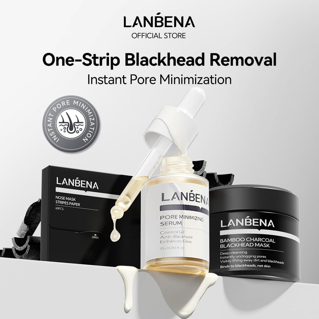 3-in-1 Blackhead Removal Set - Bamboo Charcoal Pore Strips (30g), Pore Minimizing Serum (15ml) & Removal Paper
