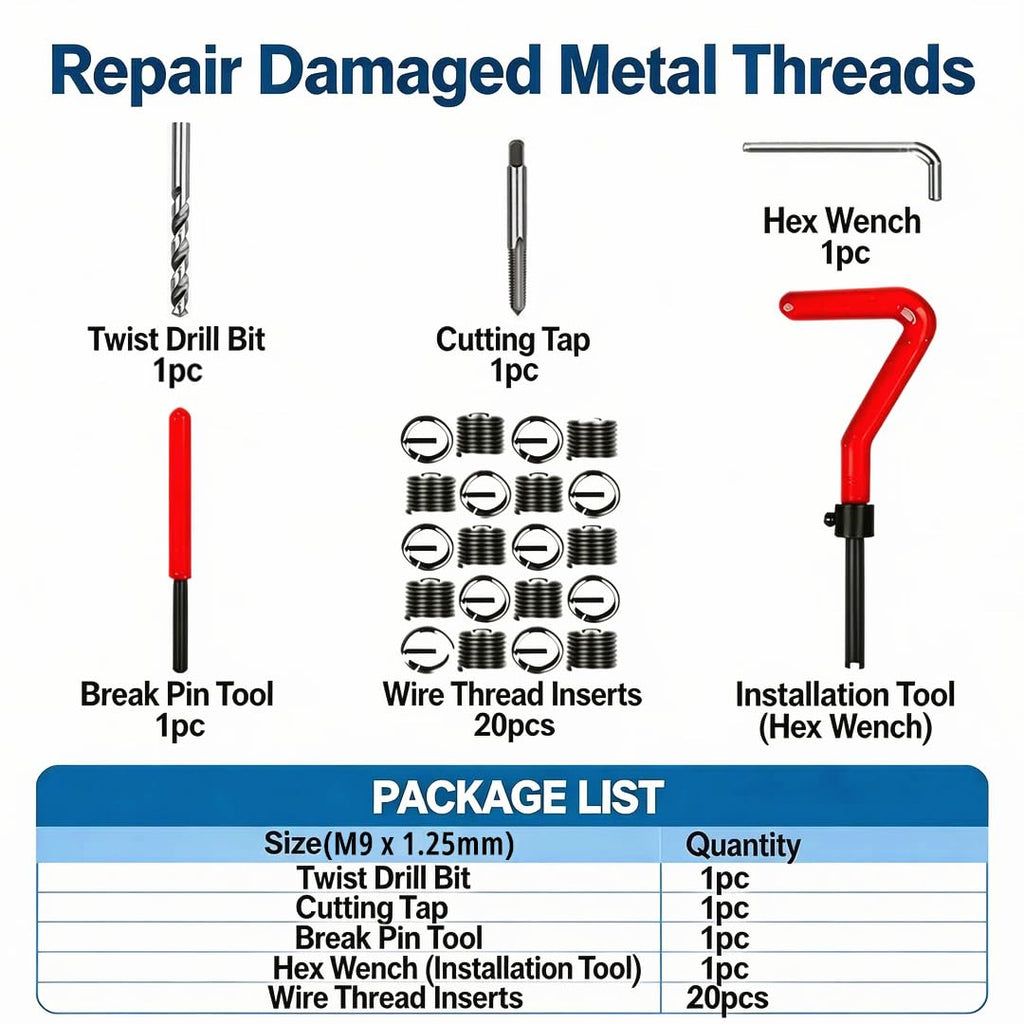 Alltooetools M9 X 1.25 Thread Repair Kit, Metric Helicoil Kit with HSS Drill Bit, 20PC Wire Thread Inserts