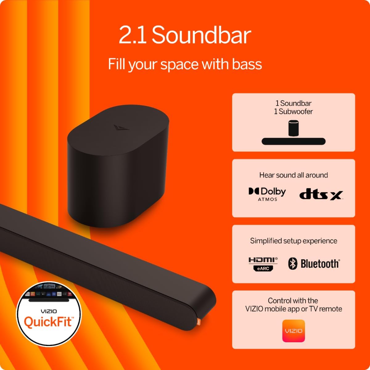 2.1 Soundbar, Wireless Subwoofer w/Dolby Atmos & DTS:X, Bluetooth Speaker, QuickFit Compatible – SV210M-08 (New, 2024